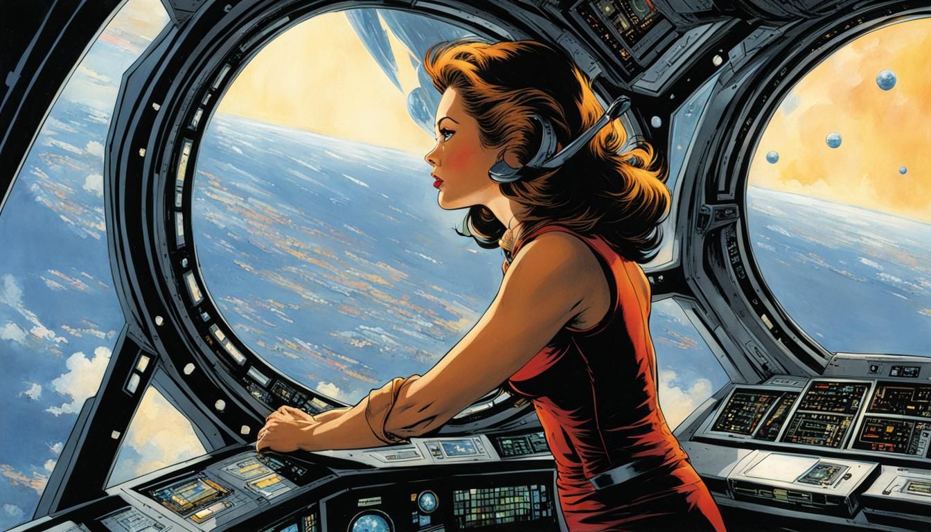 Woman in Spaceship Window, Comic Book Style