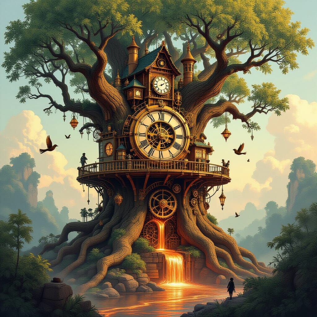 Clockwork City in Ancient Tree, Steampunk Metropolis