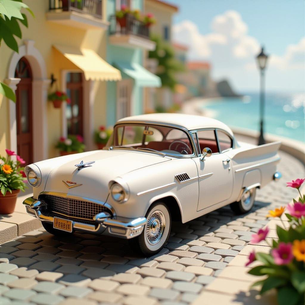 Hyper-Realistic Paper Sculpture of a Vintage Car by the Sea