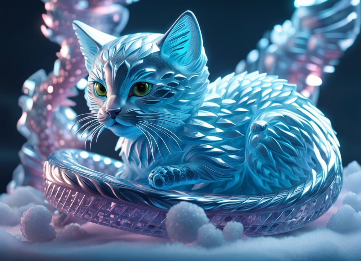 Crystalline Ice Sculpture: Kitten and Snake in 8K
