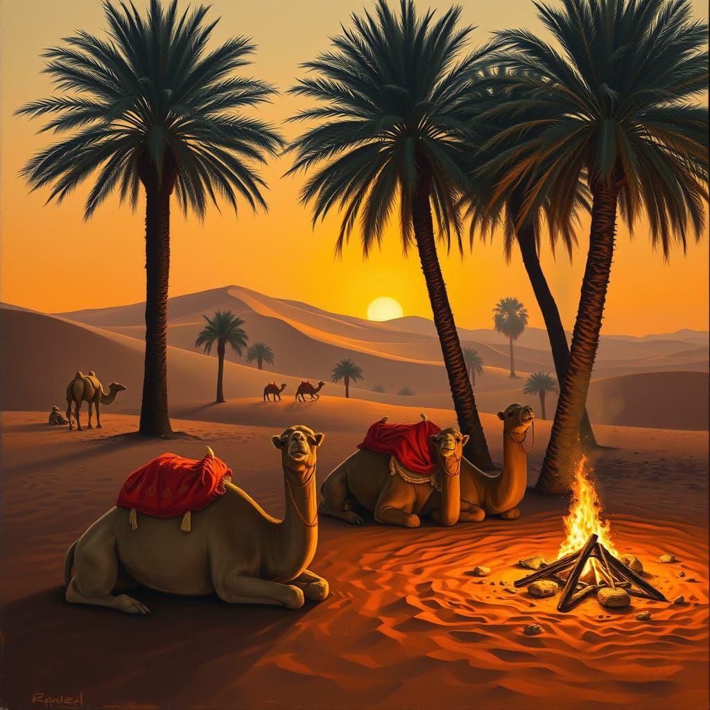 Desert Camels Bask in Golden Haze under Majestic Palm Trees