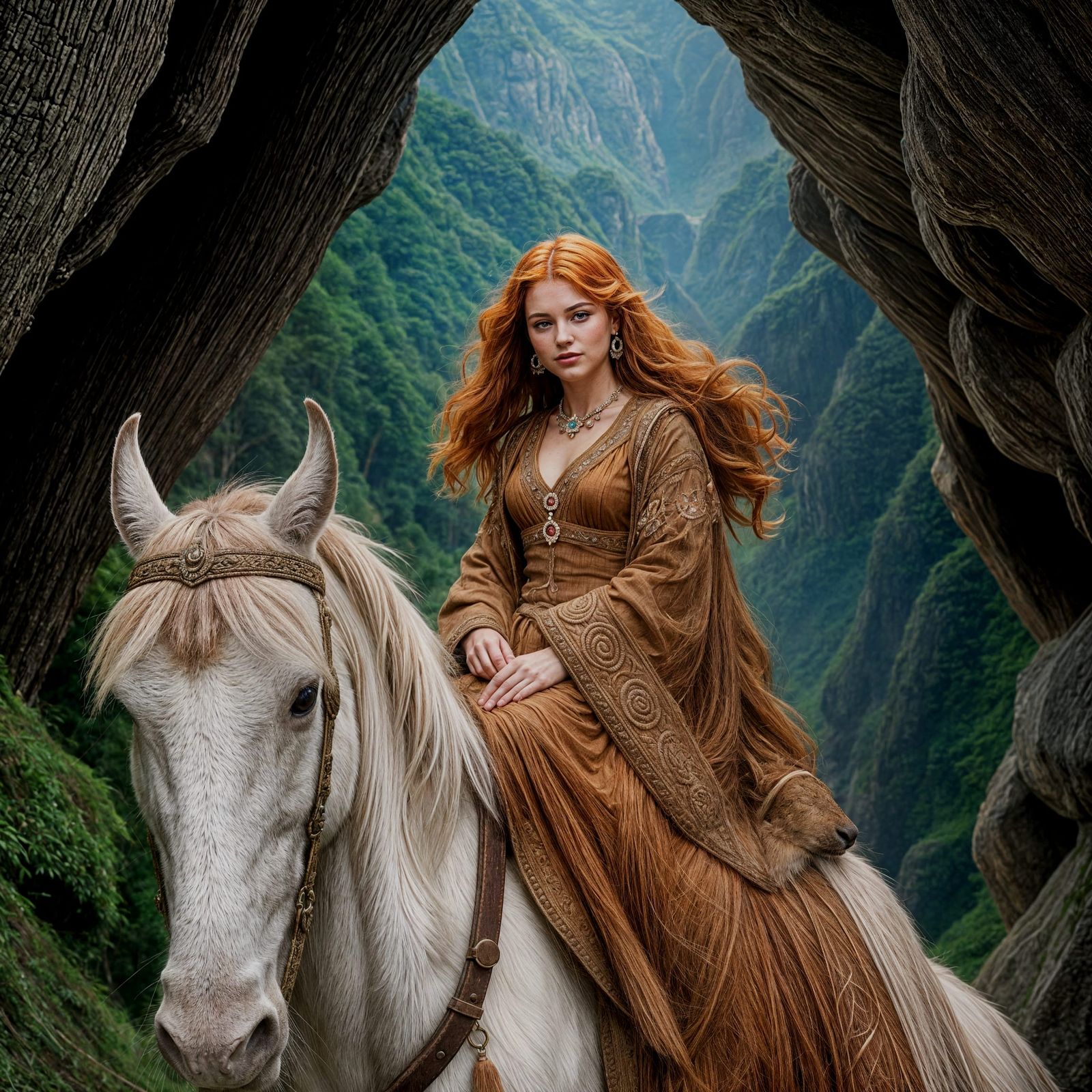 Red-Haired Woman on Horse in Jeweled Cave
