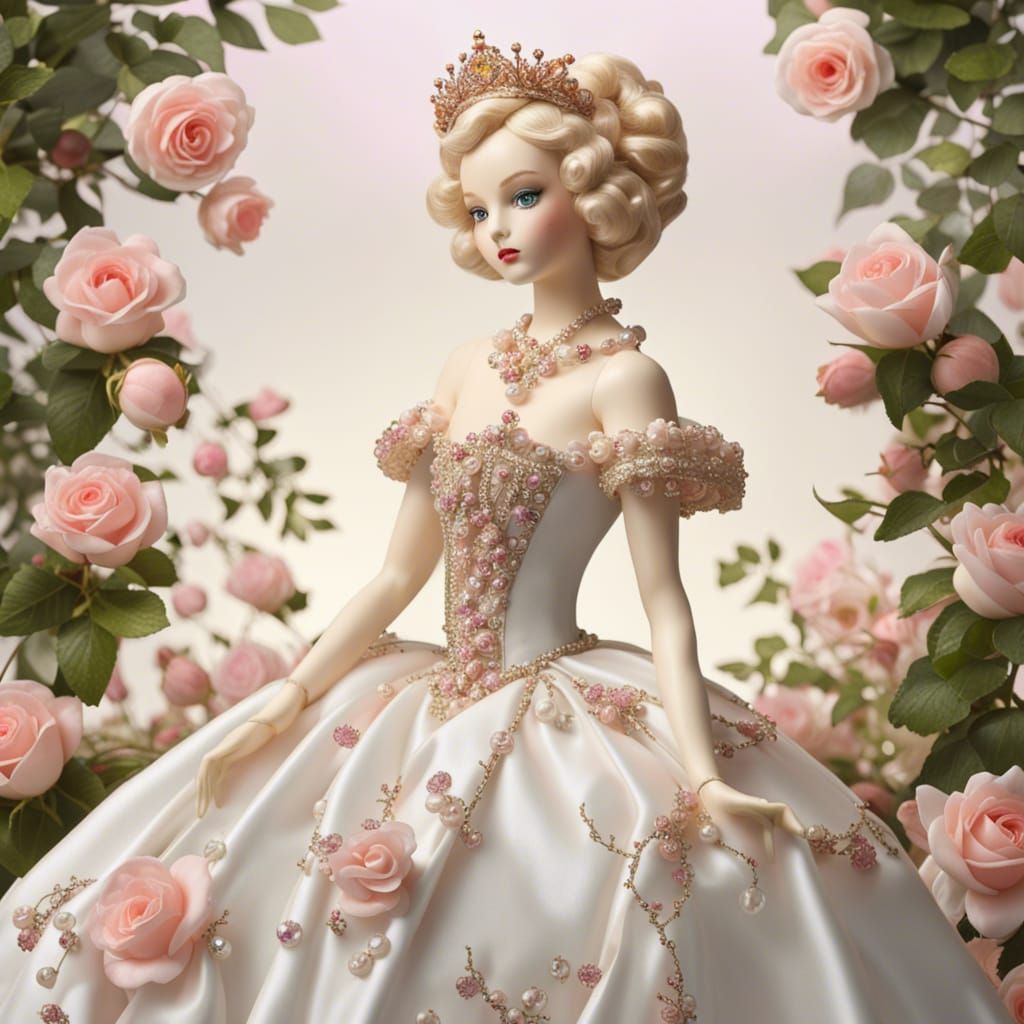 Porcelain Doll in Rose Garden with Tiara