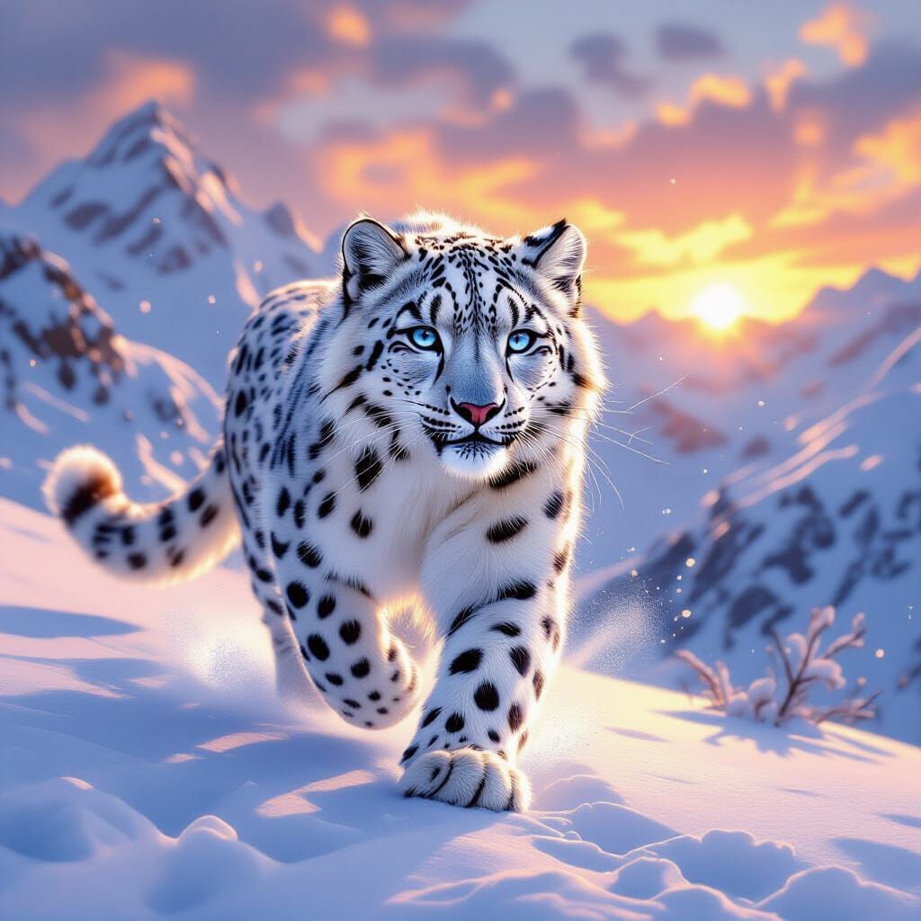 Snow Leopard Runs at Sunset: Matte Painting