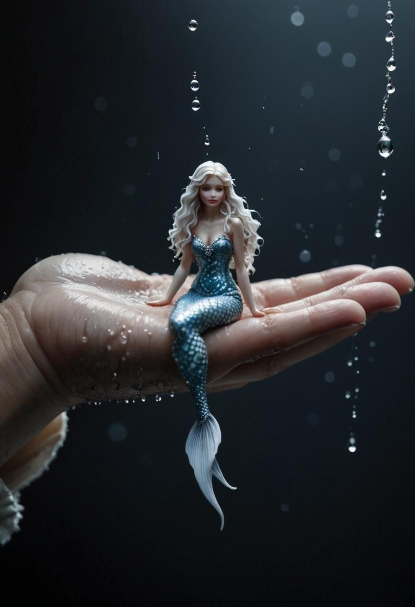 Tiny White Mermaid in Hand: Hyperrealistic Detail