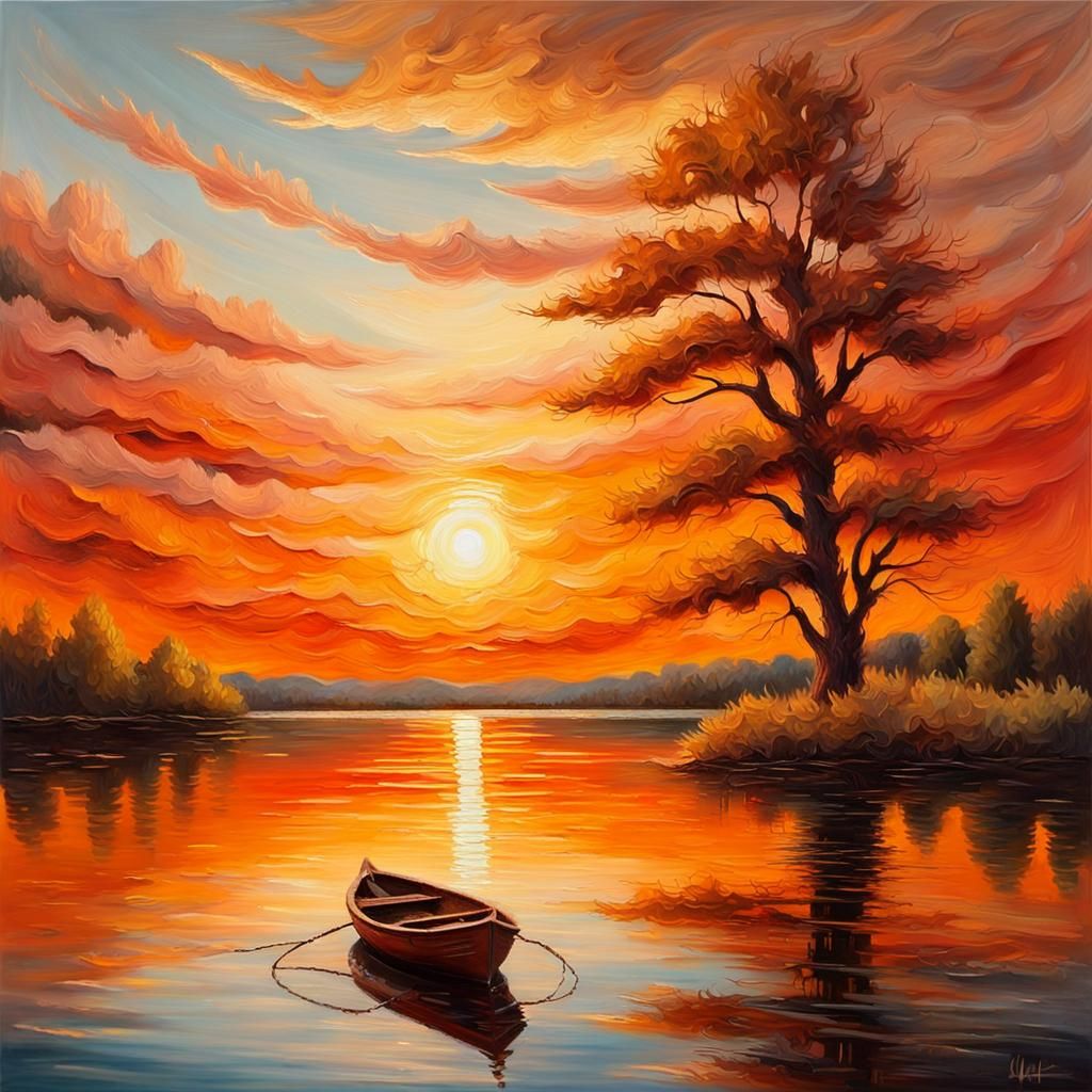 Lakeside Sunset in Textured Oil Painting Relief