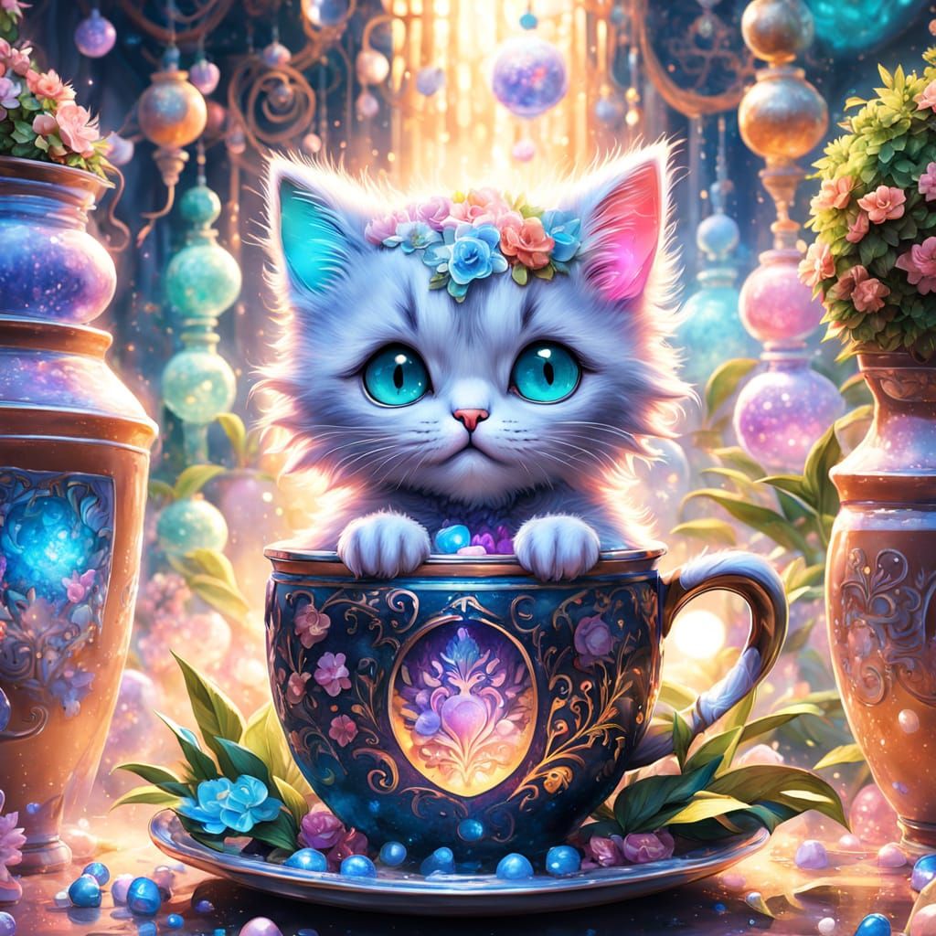 Whimsical Kitten in Vibrant Fantasy Setting with Magical Acc...