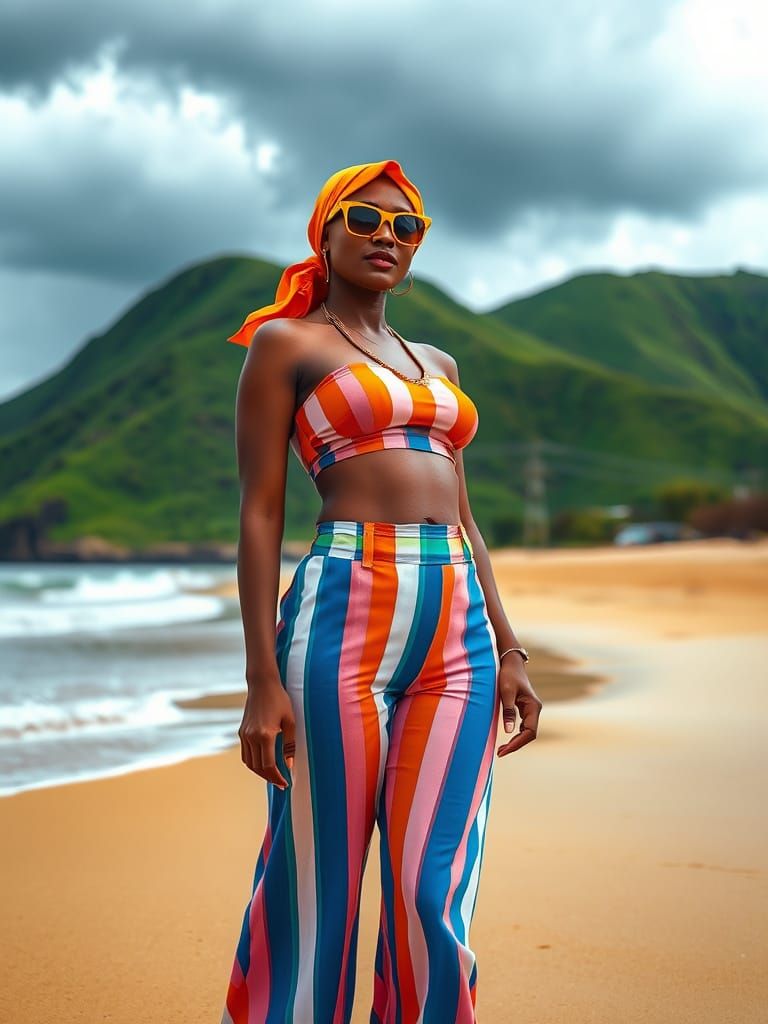 Confident Woman on Golden Beach in Photorealistic Style