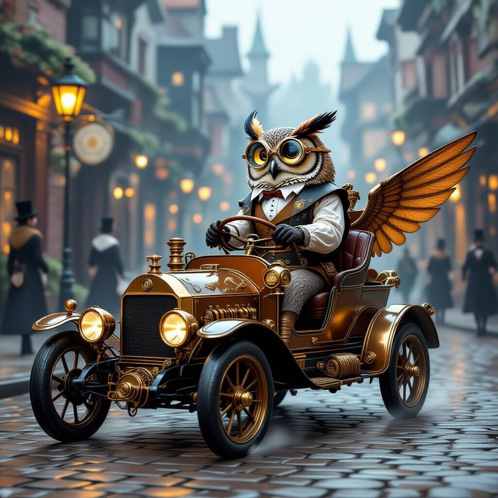 Steampunk Owl Car in Victorian Cityscape