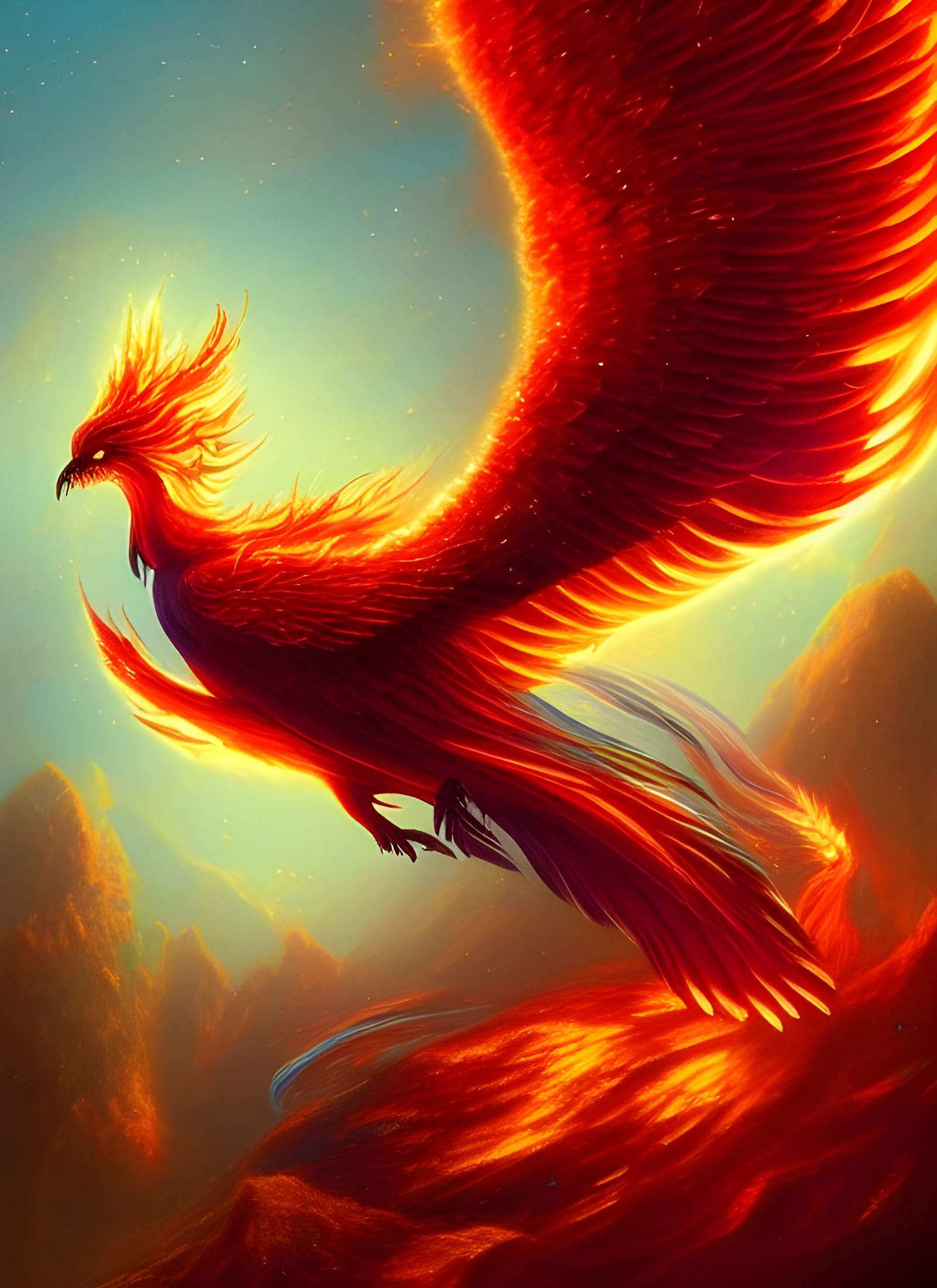 Majestic Fire Phoenix on Crystalline Orb, Digital Illustrati...