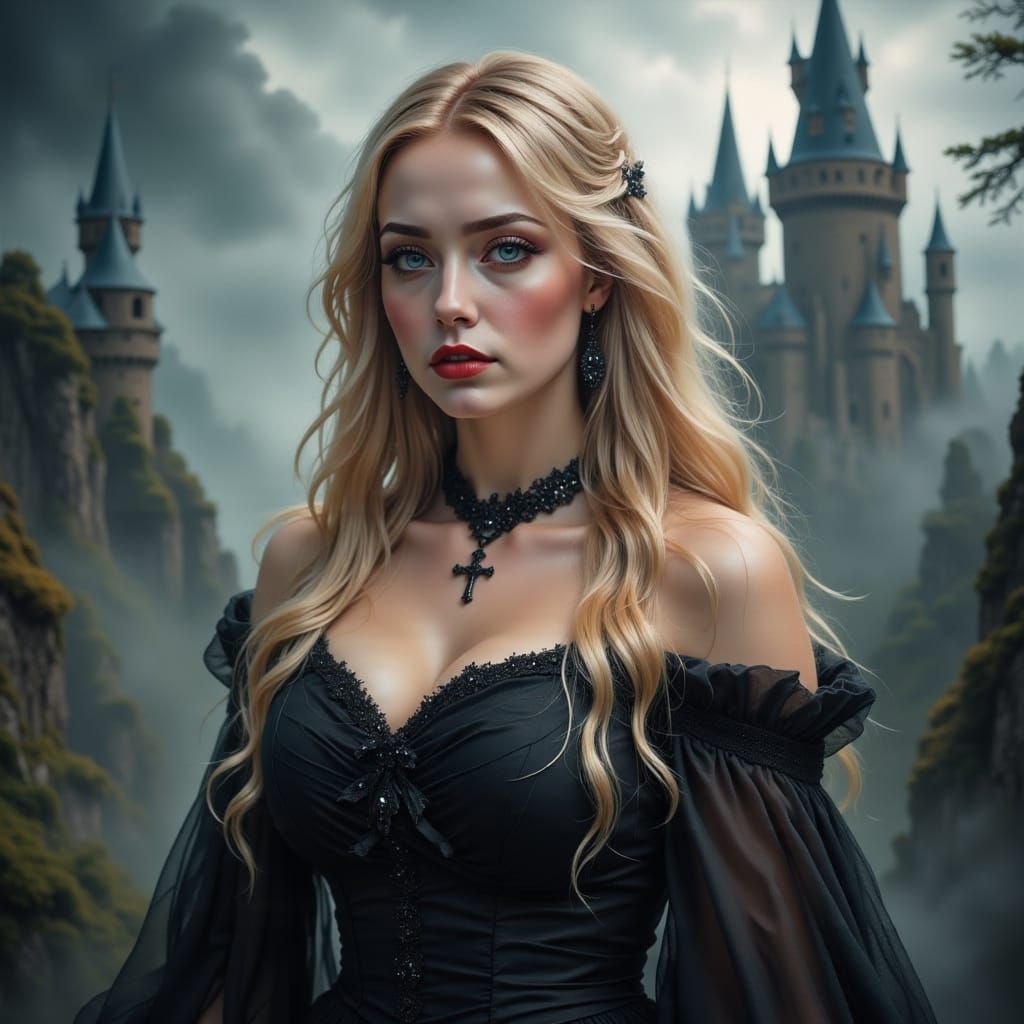 Gothic Beauty: Realistic Portrait of a Woman in a Castle