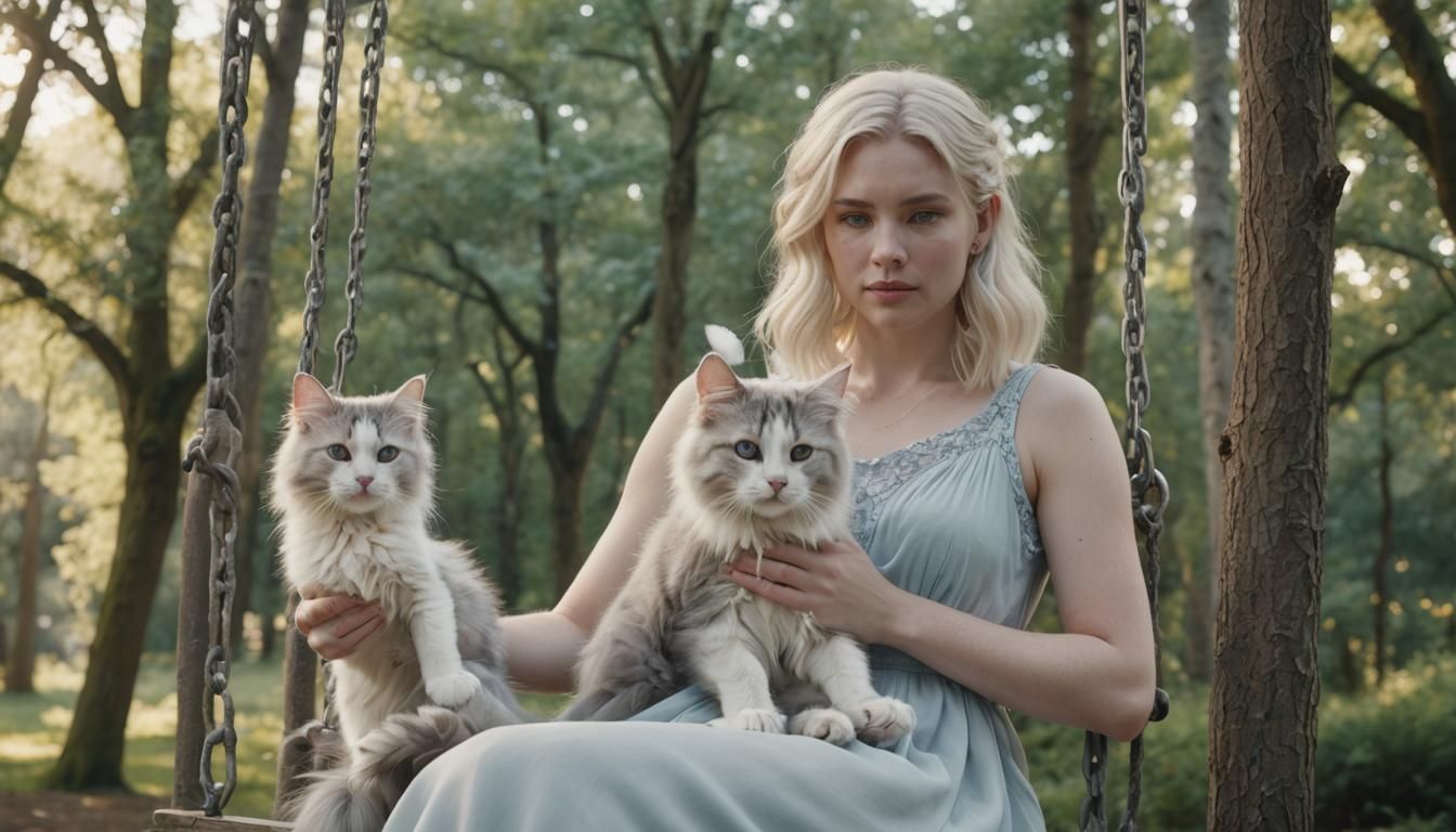 Woman with Cat on Swing in Cinematic Lighting