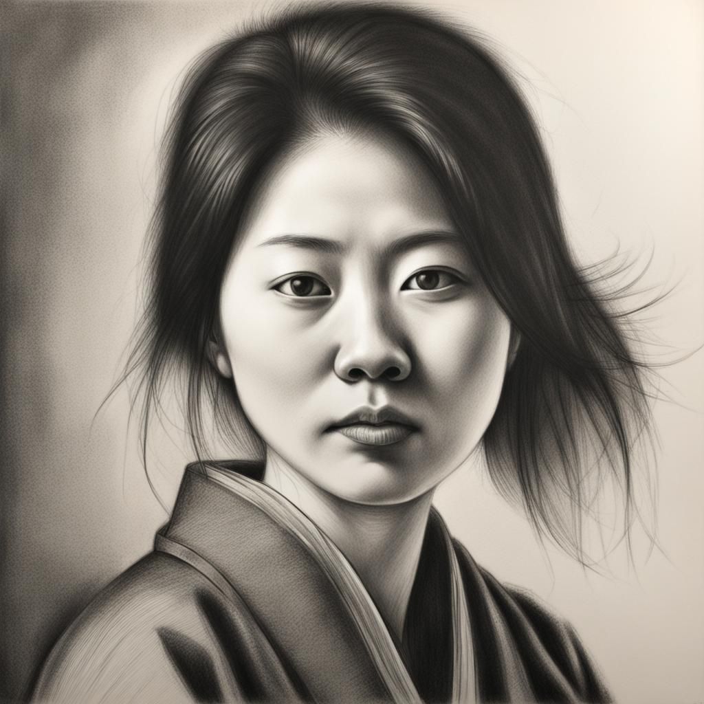 Hyperdetailed Charcoal Drawing of a Japanese Woman