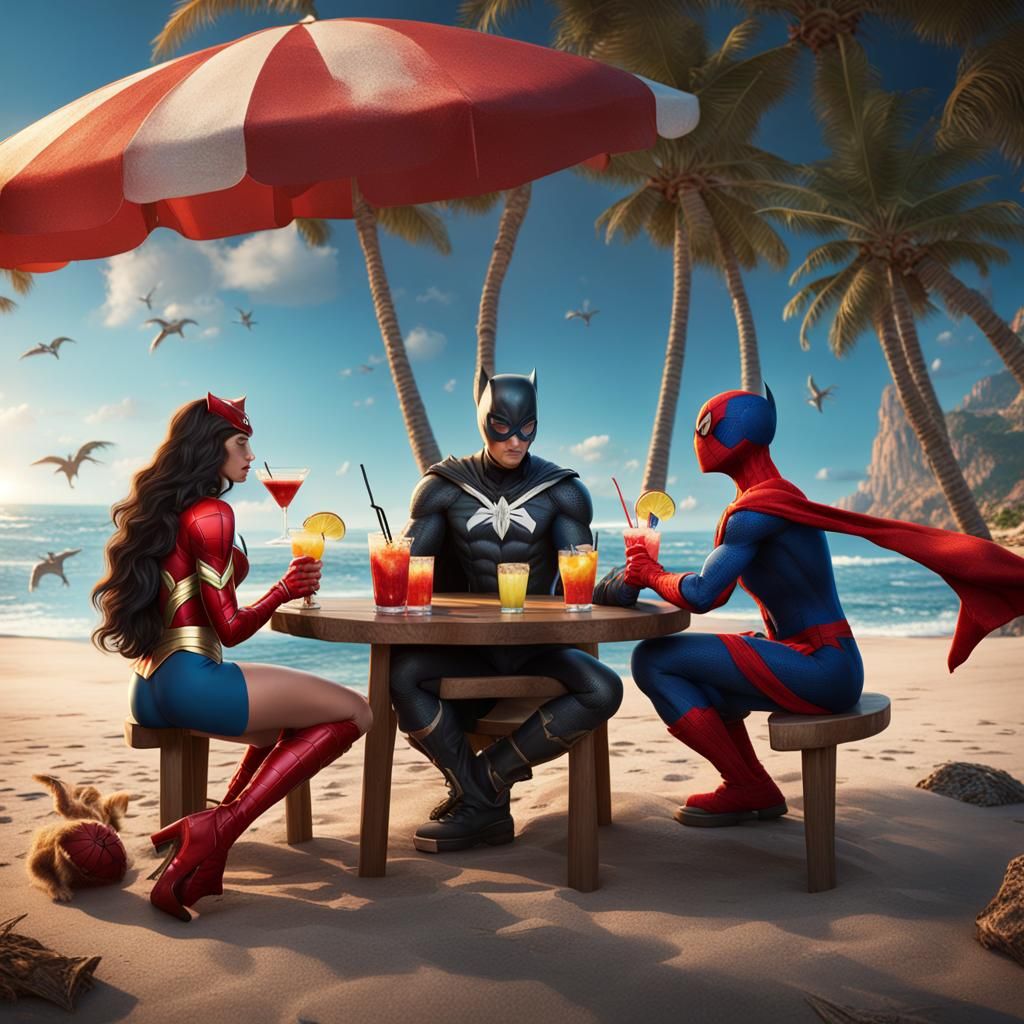 Wonderwoman, Spiderman, and Catwoman: Beach Cocktails