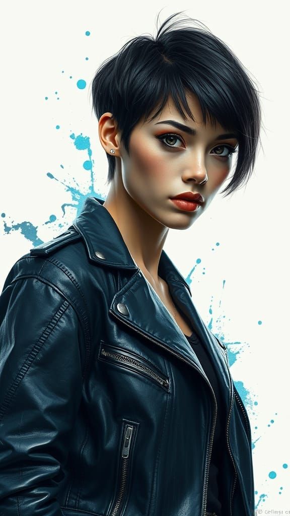 Woman in Leather Jacket with Impressionistic Flair