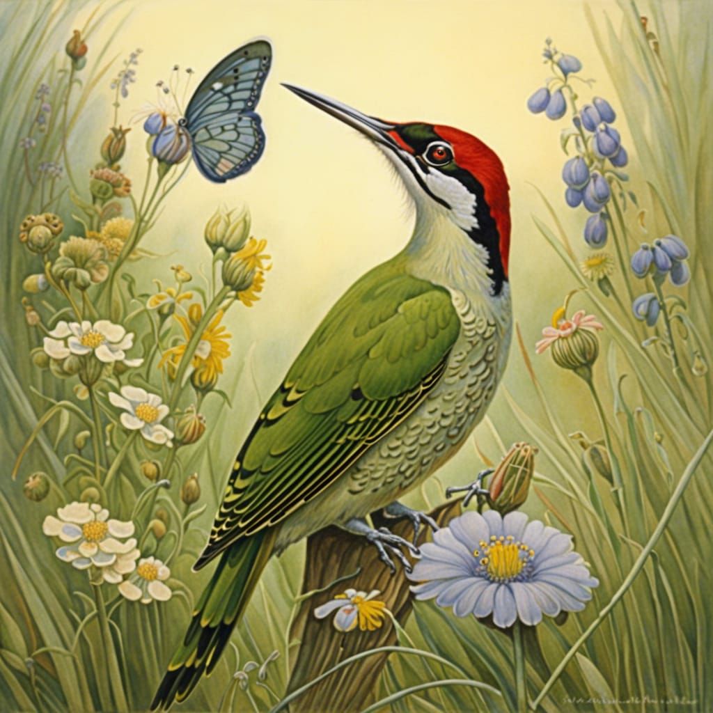 Green Woodpecker with Wildflowers in Morning Light