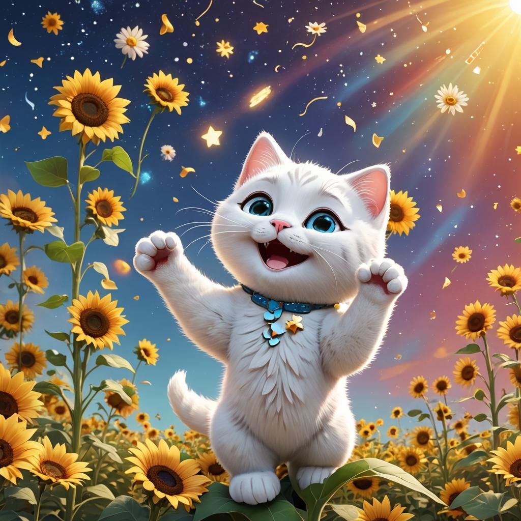 Cute White Kitty with Sunflower in 3D Digital Art