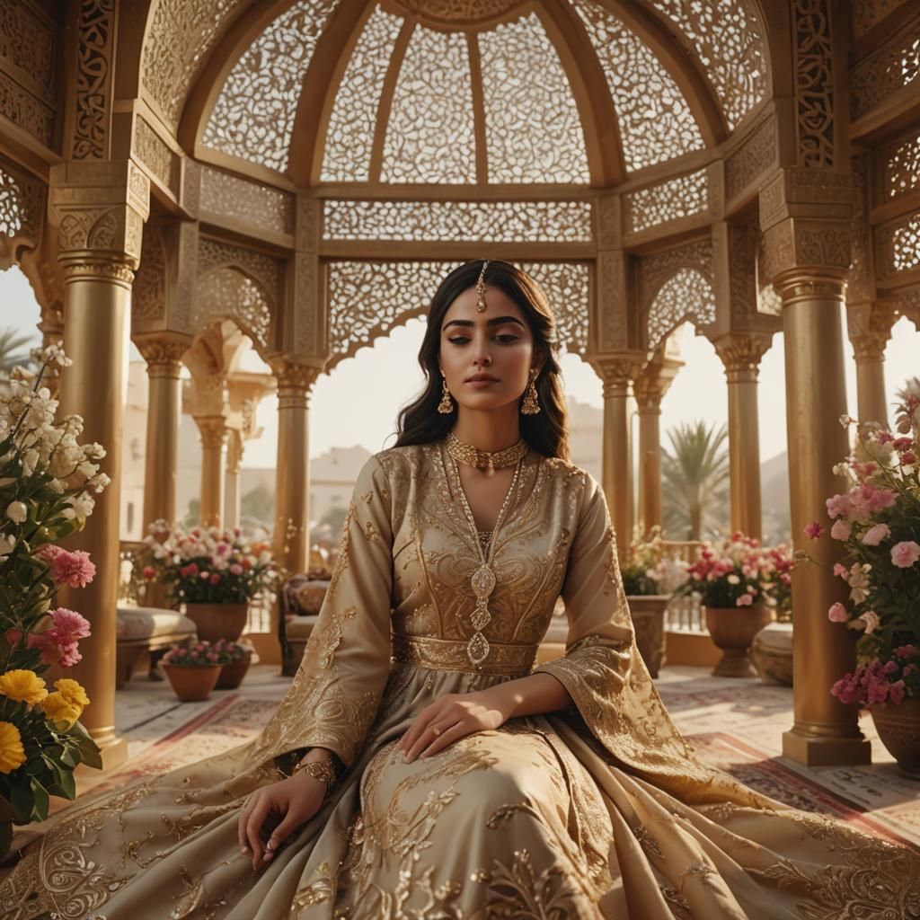 Arabic Woman in Golden Pavilion with Flowers