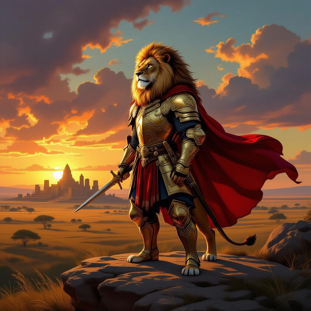 Majestic Lion King in Golden Armor Surveys Savanna Kingdom