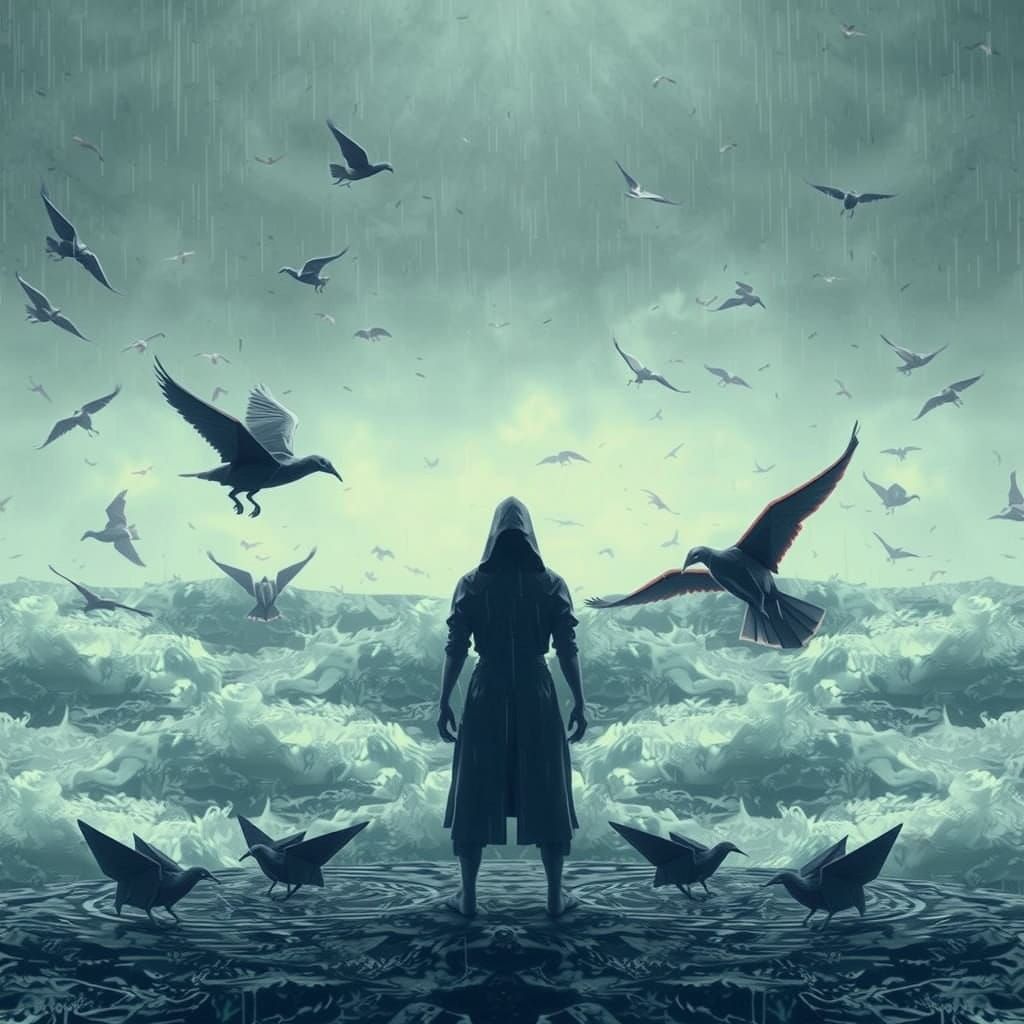 Ethereal Ominous Figure in Turbulent Red Ocean