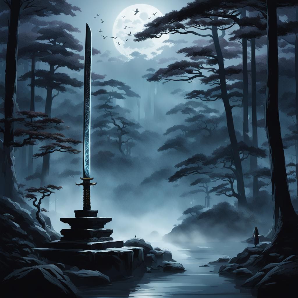 Katana in Misty Forest: Japanese Concept Art