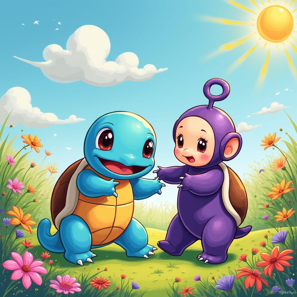 Squirtle and Dipsy in a Sunny Landscape