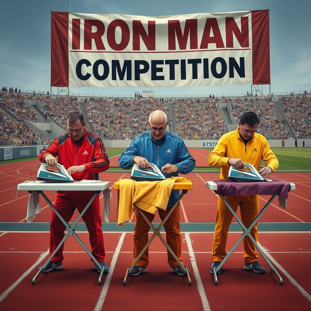 Men Ironing in Tracksuits at Iron Man Competition