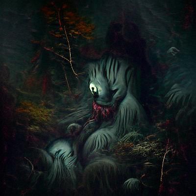 Creepy Monster Cat in Dark Forest