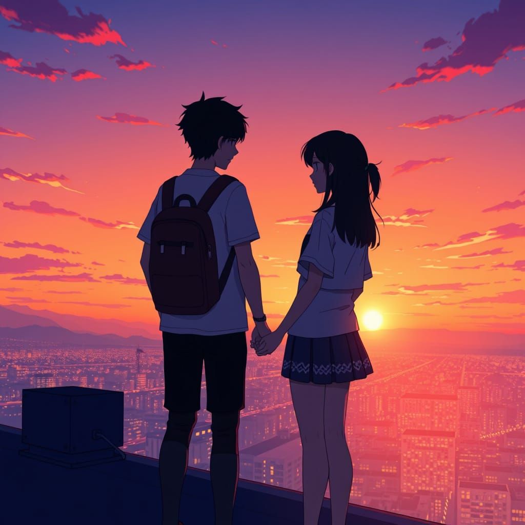 Sunset Rooftop: Anime-Inspired Moment of Connection