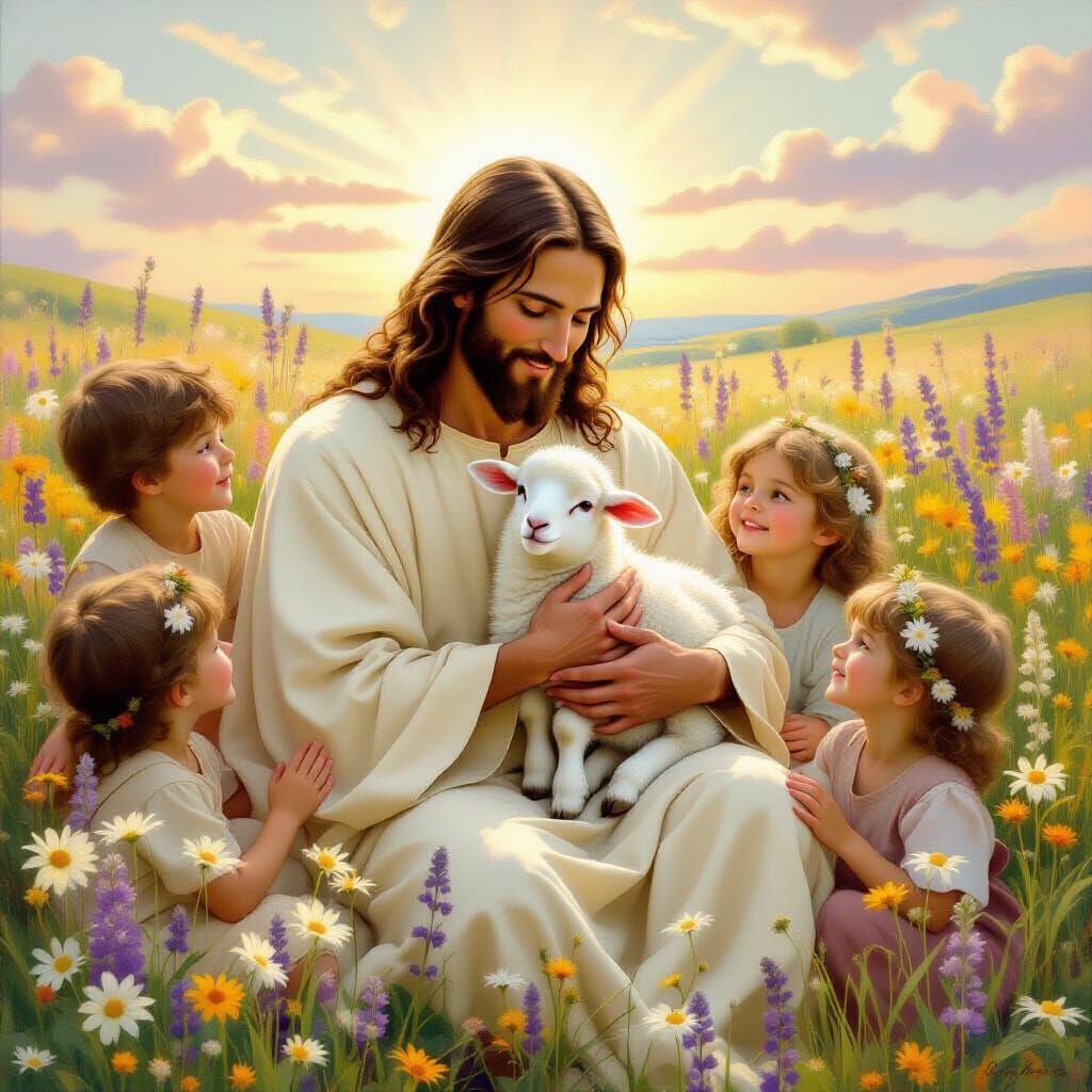 Jesus With Children And Lamb In Ethereal Light