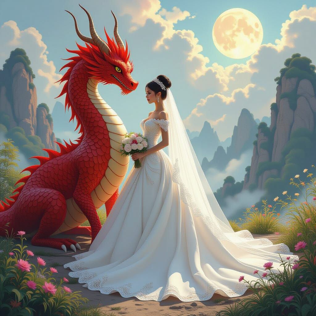 Dragon and Bride in Fantasy Landscape, Digital Art