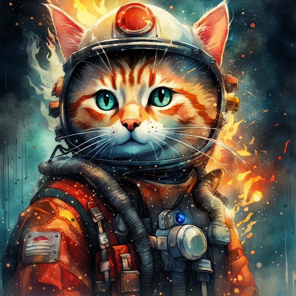 Anime Cat Firefighter Portrait in Watercolor Style