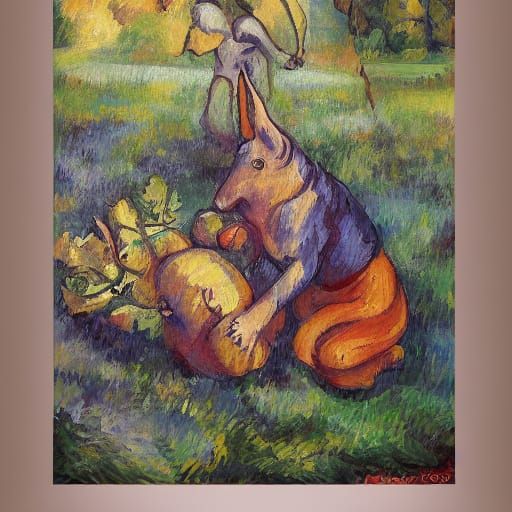 Rabbit and Devil in Autumn Field, Post-Impressionist Style