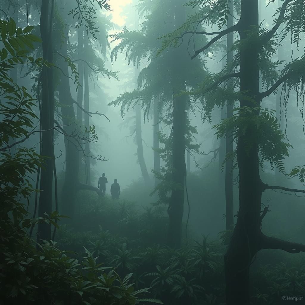 Ethereal Figures in Overgrown Forest, Hyper-Realistic Style