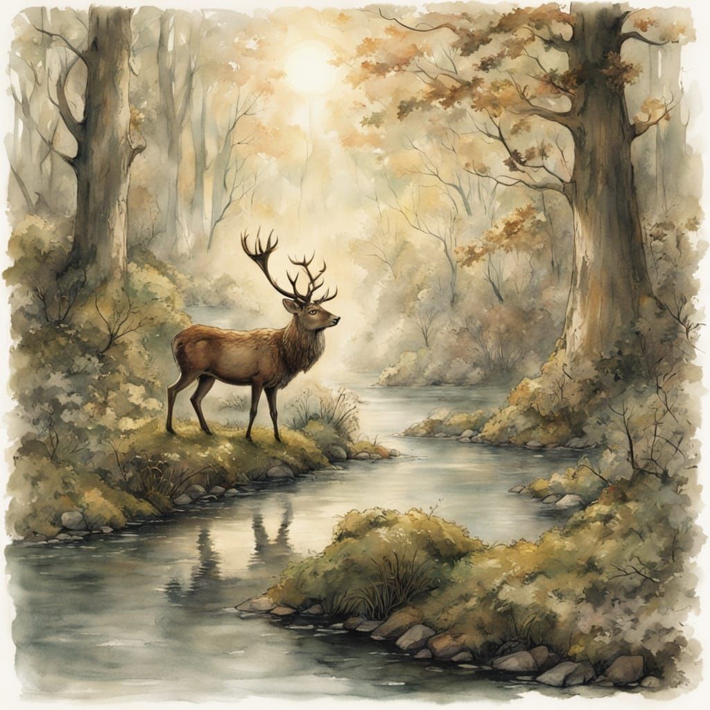 Majestic Stag with Glowing Antlers in Ethereal Forest