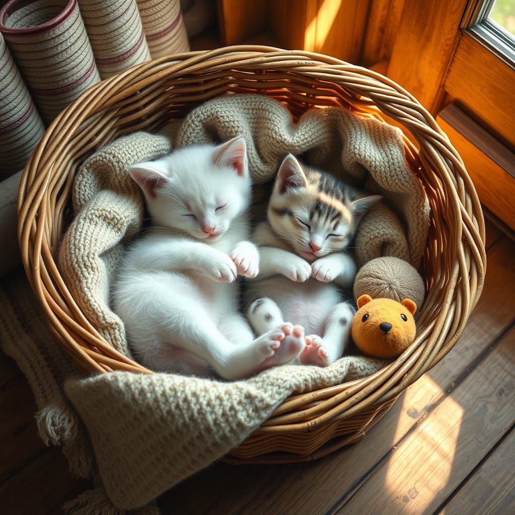 Snuggled Kittens in Cozy Wicker Basket