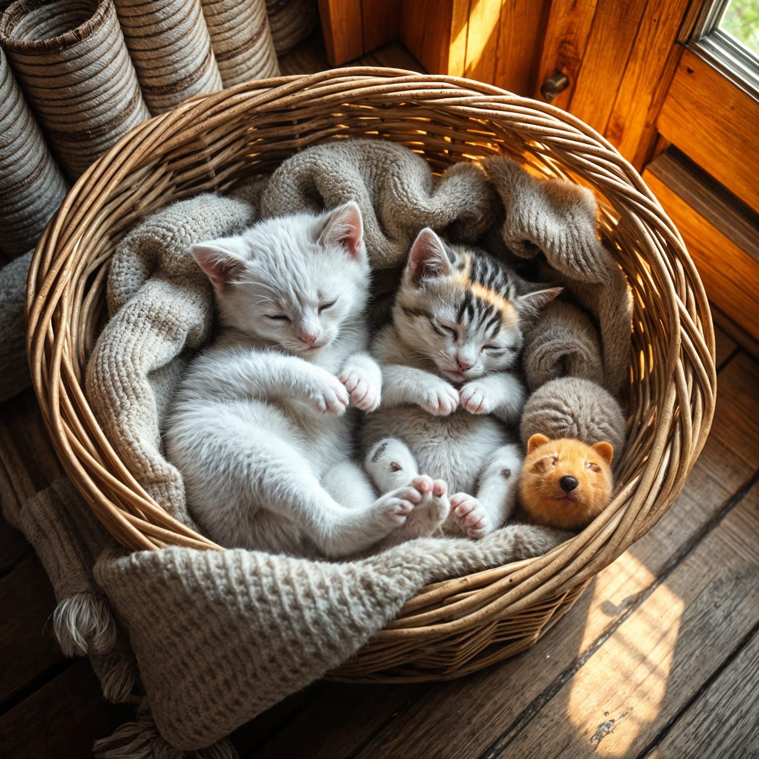 Hyperrealistic Kittens Cuddling in Basket