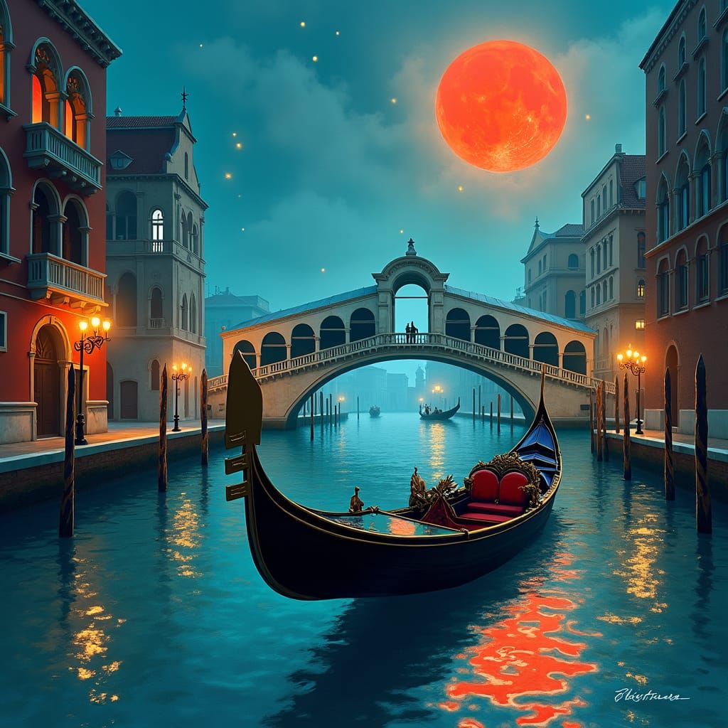 Venetian Gondola Under Red Moon: Fantasy Art