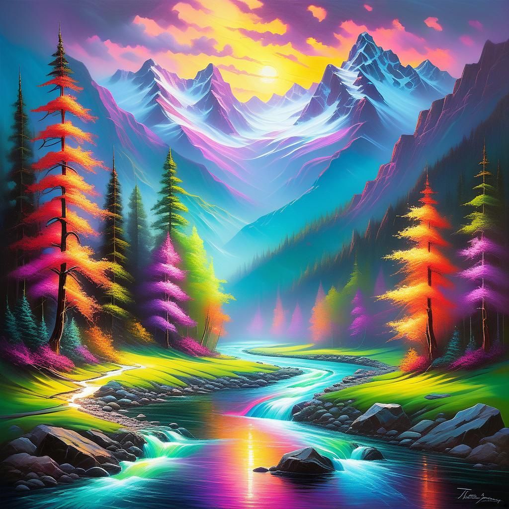 Fluorescent River Painting in Dreamlike Style