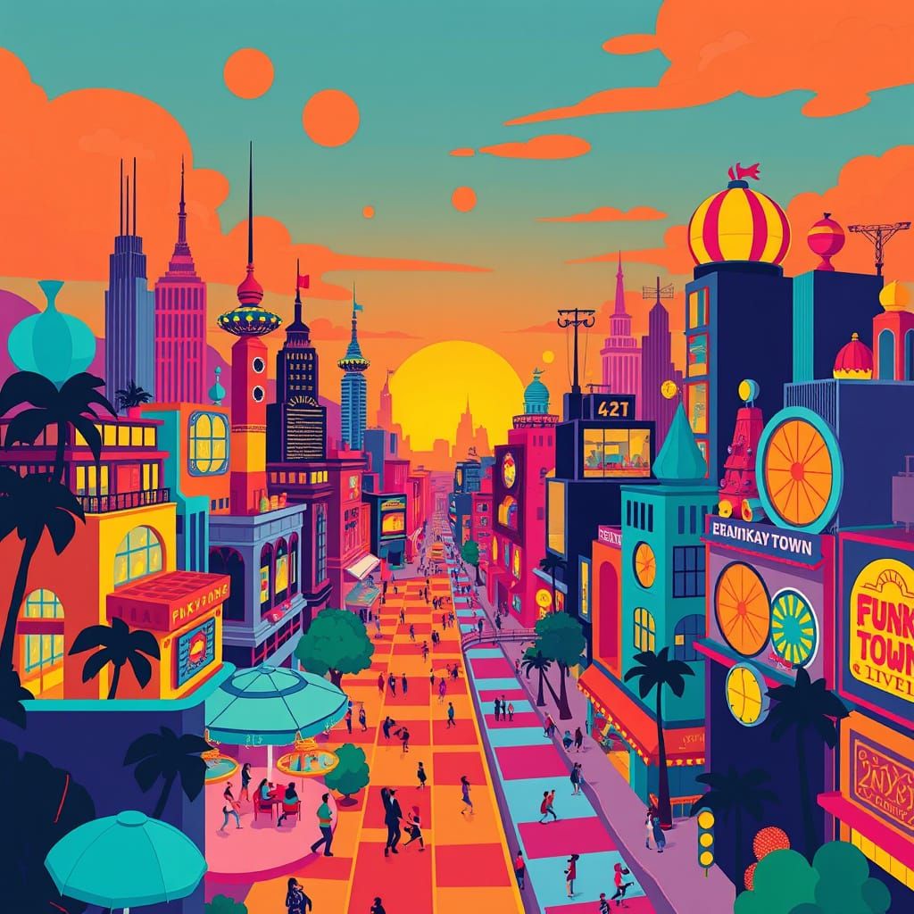 Retro Cityscape Illustration in Mid-Century Modern Style