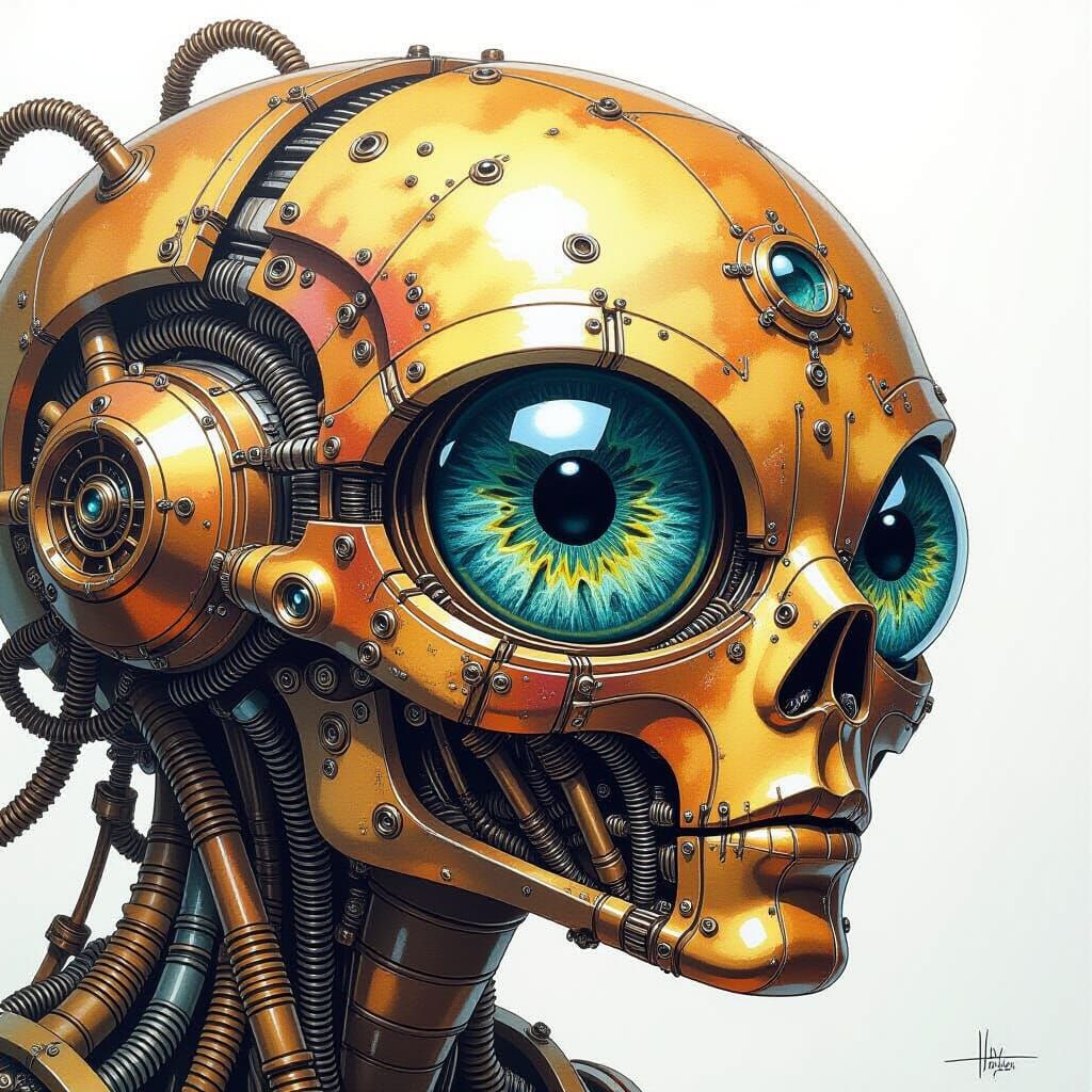 Steampunk Xenomorph with Compound Eyes in Watercolor