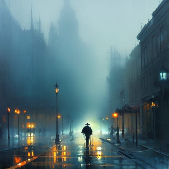 Silhouetted Man in Foggy London Street Scene