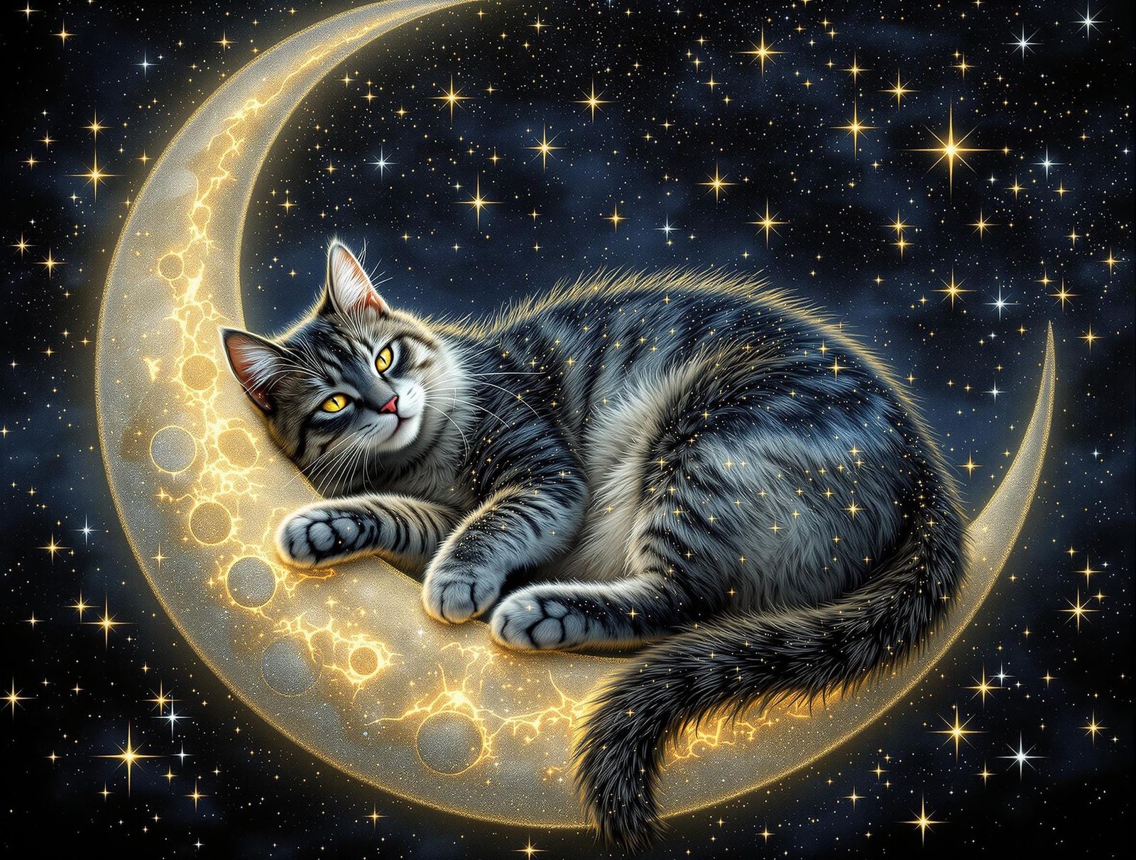 Divine Feline Goddess on Celestial Crescent Moon