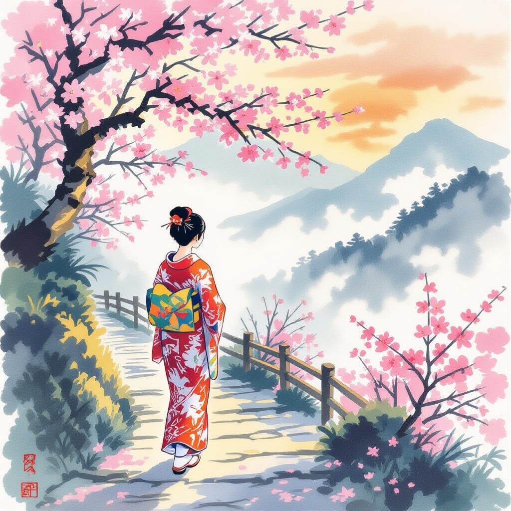 Woman in Kimono on Misty Path as Ukiyo-e Print