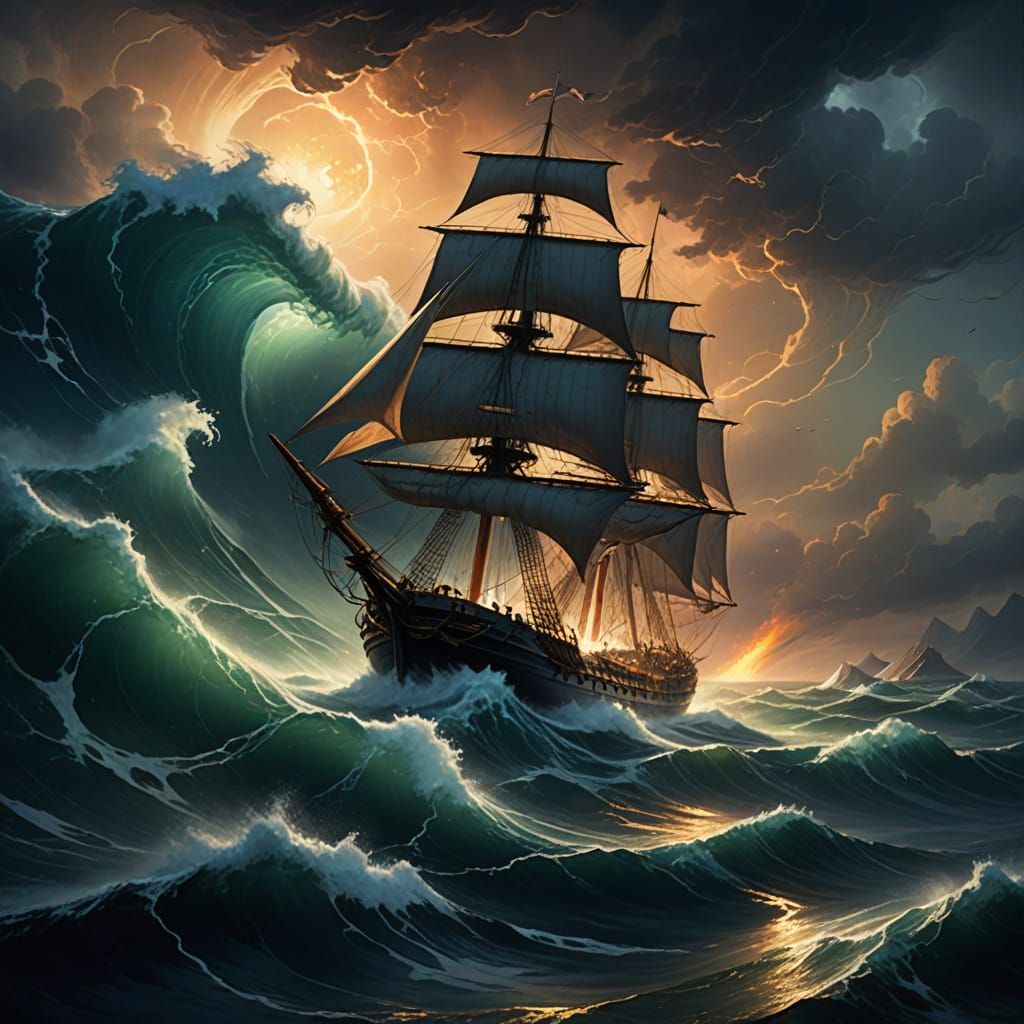 Clipper Ship Battles Kraken in Aivazovsky Style Oil Painting