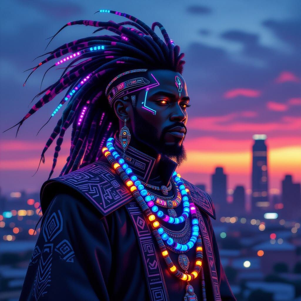 Futuristic Zulu King in Cyberpunk Johannesburg