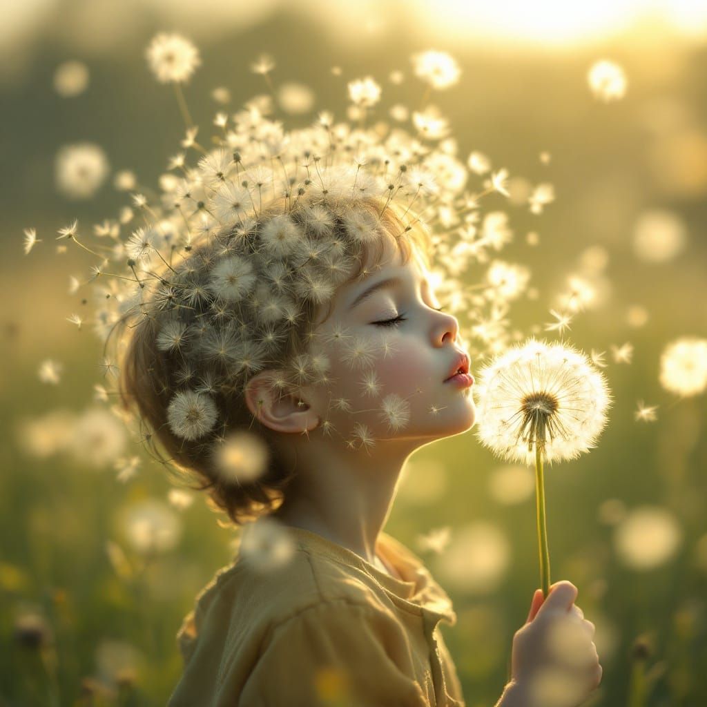 Child Blows Dandelion Revealing Ghostly Face