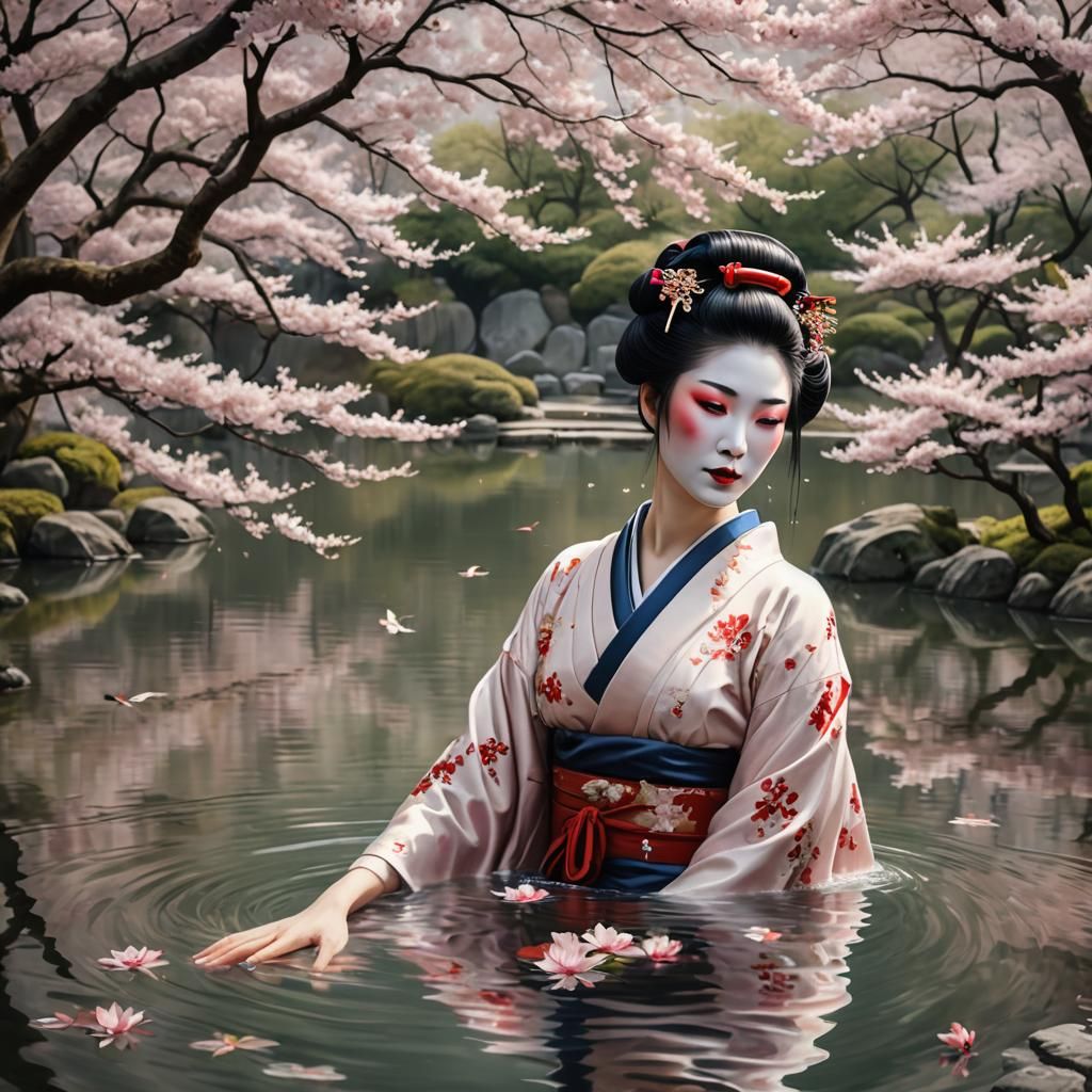 Geisha Bathing in Lake with Cherry Blossoms