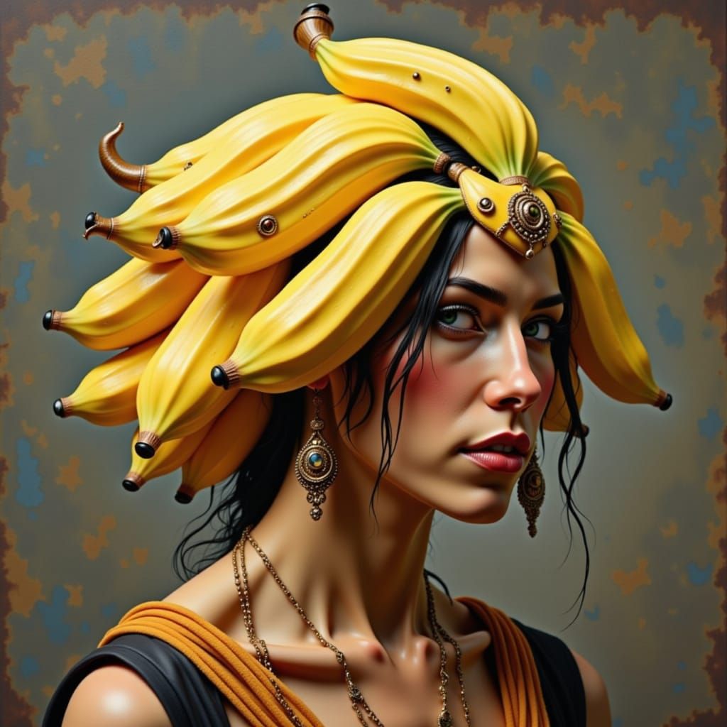 Neanderthal Fashionista with Banana Hat and Leaf Dress