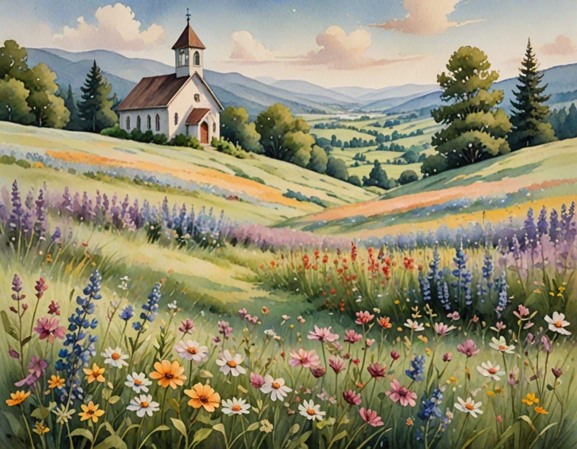 Impressionist Watercolor Meadow Chapel Scene